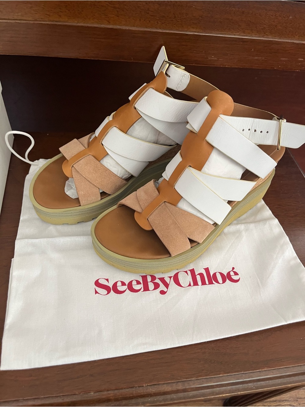 See by Chloé Tan Cork Wedge Sandals Size 6